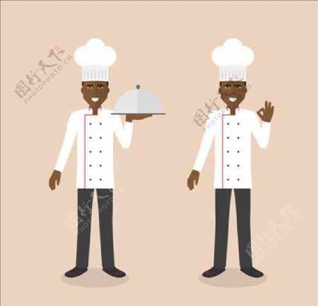 两位深肤色厨师卡通形象