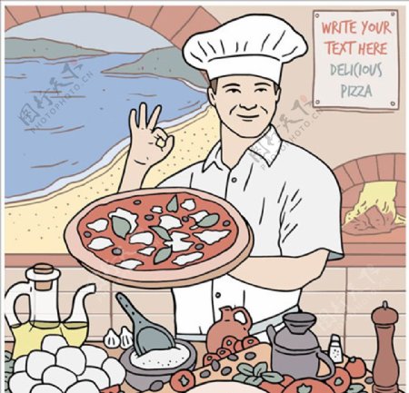 卡通手绘制作批萨的厨师