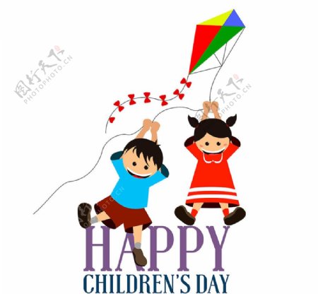 两个拉着风筝漂浮在空中的孩子