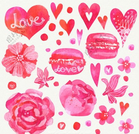 手绘水彩粉红色情人节心和鲜花