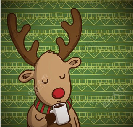 卡通圣诞节喝咖啡的驯鹿