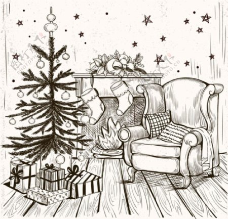 手绘圣诞节室内圣诞树壁炉