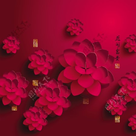 新春剪纸花卉背景矢量素材