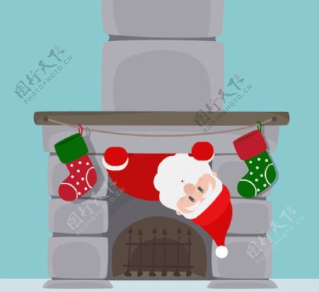 爬壁炉的圣诞老人矢量素材