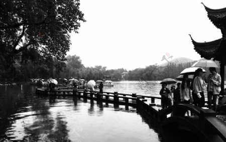 杭州西湖长桥雨天