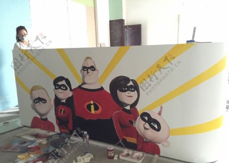 超人家族墙绘收银台