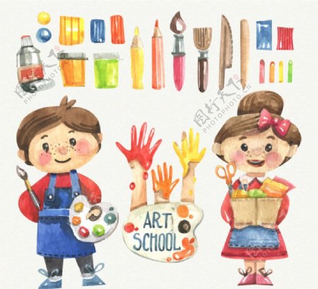 绘画儿童和绘画工具