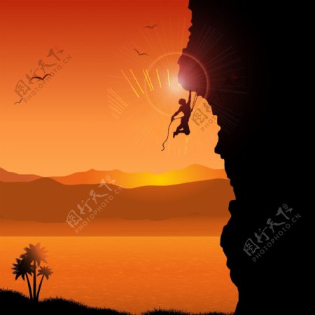 夕阳下攀岩运动员轮廓插图