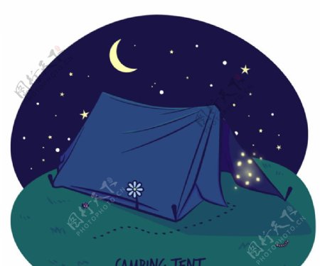 夜晚的郊外野营帐篷插画矢量素材