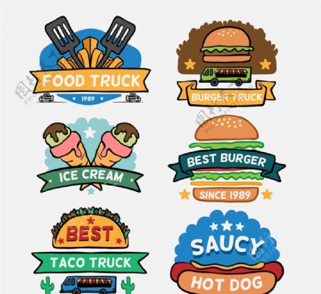 6款卡通快餐车食物标签矢量素材