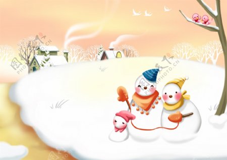 卡通雪景雪人素材背景