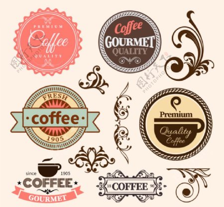11款复古花纹和咖啡标签矢量图