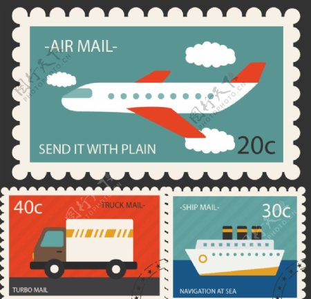 交通工具邮票矢量素材