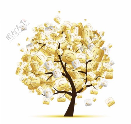 金色欧元符号花纹树木