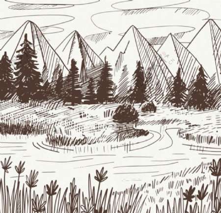 手绘素描山谷河边插图