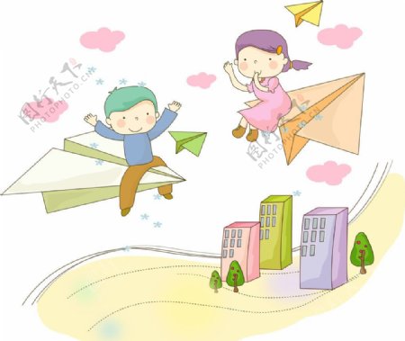 乘坐纸飞机飞行的孩子