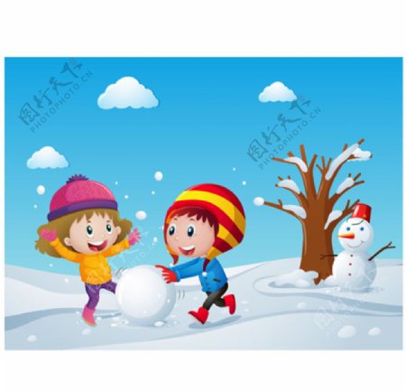 卡通儿童节在雪地玩耍的孩子