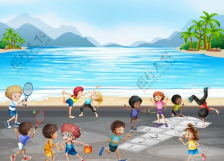 卡通儿童节在海边运动的孩子