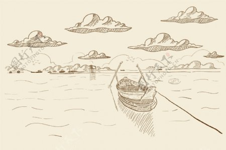手绘素描海港风景插图