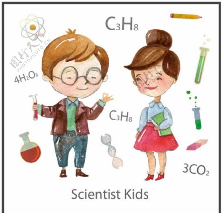 手绘水彩儿童节学化学的孩子