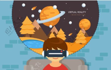 戴VR虚拟现实眼镜看电影的青年