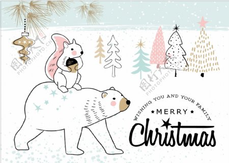 小熊和松树圣诞节创意卡片矢量