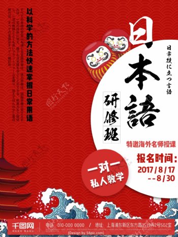 红色日本语培训班招生海报
