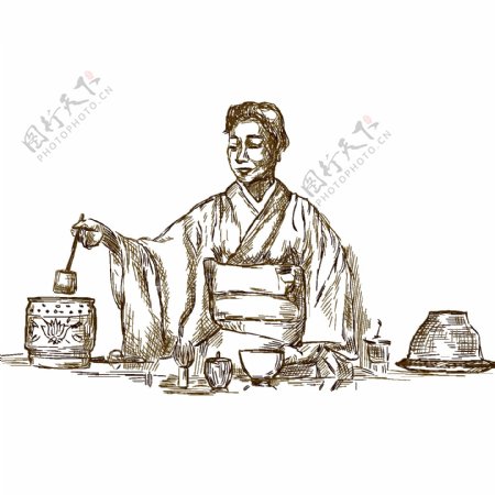 手绘中式茶艺元素