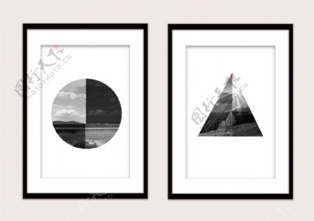 黑白三角形圆形几何风景双拼装饰画