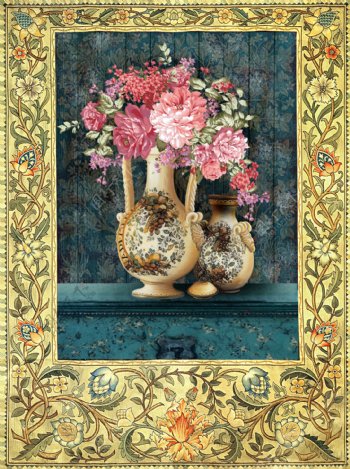 油画花瓶玫瑰复古风花卉装饰画