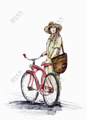 水彩绘骑自行车的女生