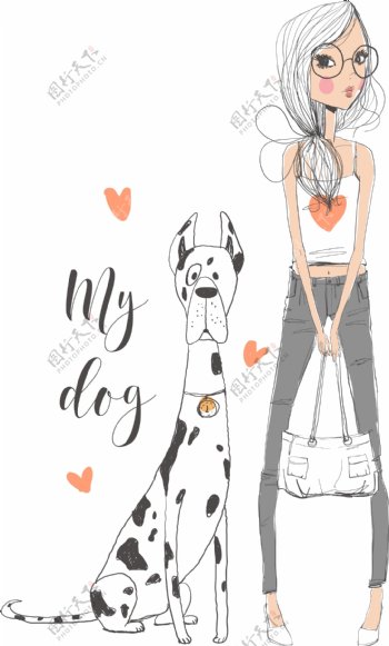 手绘可爱的女生和狗插画