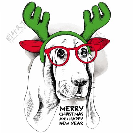 手绘可爱狗狗动物圣诞节海报矢量