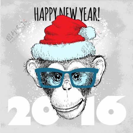 水彩猴子可爱动物圣诞节海报矢量