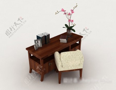 中式简约木质桌椅组合3d模型下载