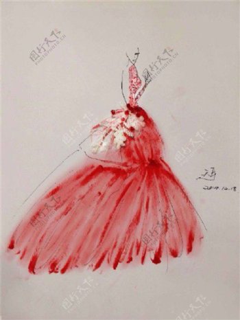 红色蓬蓬裙礼服设计图