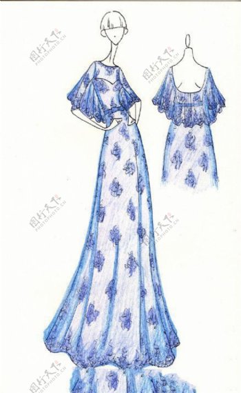 蓝色花朵礼服设计图