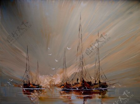 大海与船只油画背景图片