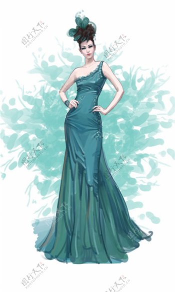 绿色单肩长裙设计图