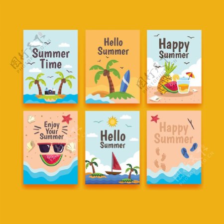 各种夏季海滩元素图案卡片