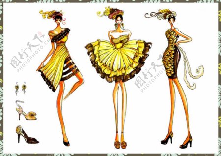 3款黄色连衣裙设计图