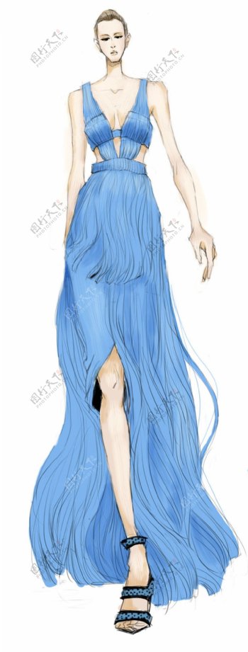 蓝色性感长裙设计图