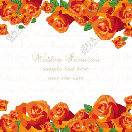 橙色玫瑰装饰花边婚礼邀请卡