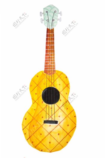 菠萝吉他卡通夏日高清水彩png免扣素材