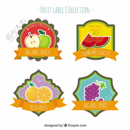 四个装饰水果标签的平面收藏