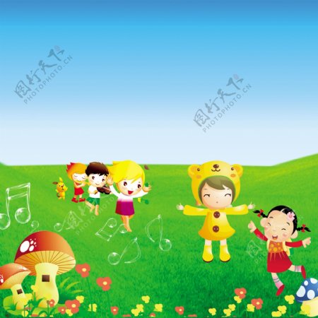 卡通孩童蘑菇花朵草坪音符素材