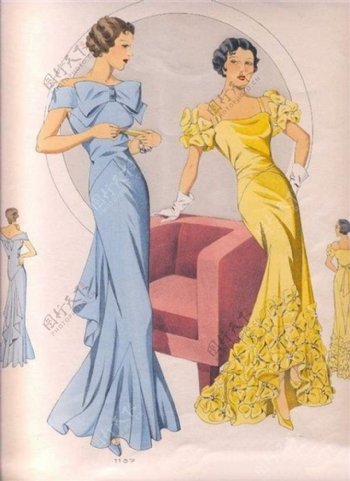 欧式浅蓝色和黄色长裙设计图