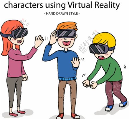 卡通戴VR虚拟现实眼镜男女生