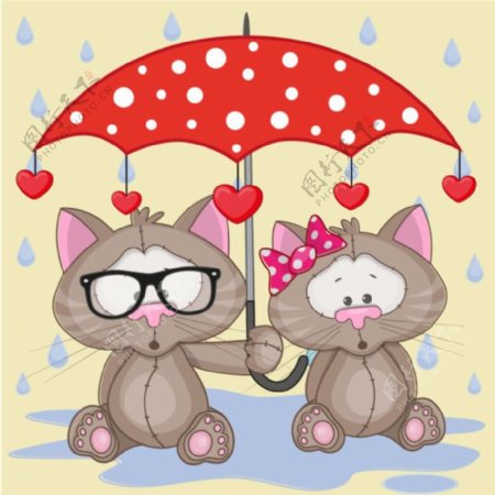 雨伞下可爱卡通动物小猫矢量图素材