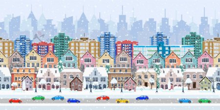 过年下雪城市卡通矢量素材